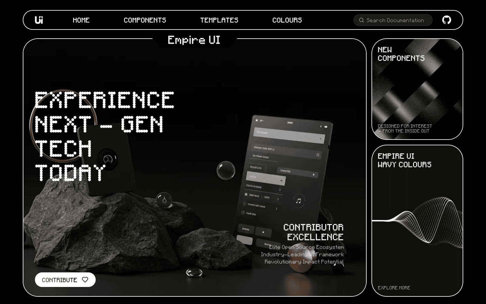 Empire UI homepage with components, templates, and showcase imagery.
