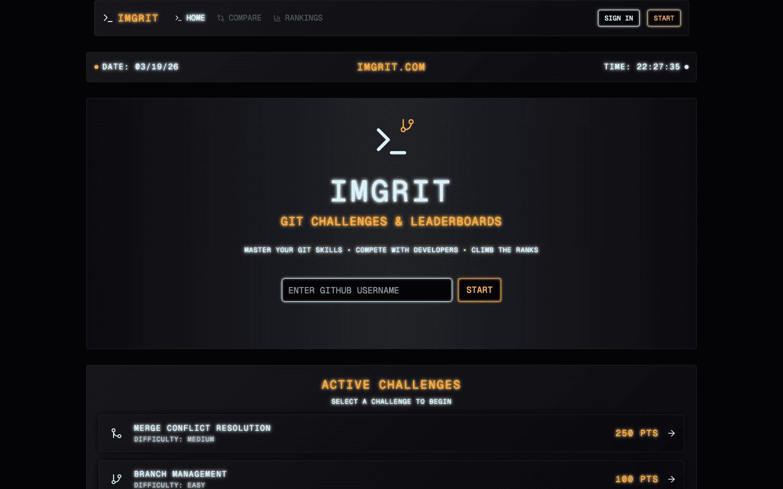 IMGRIT homepage with Git challenges and leaderboards.