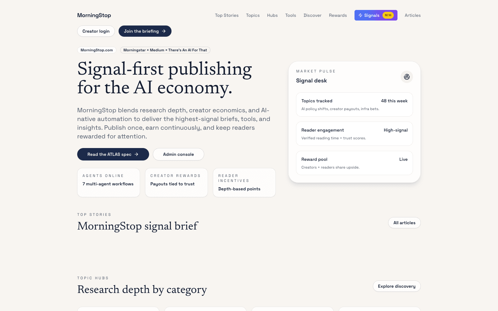 MorningStop homepage with publishing interface and market pulse panel.